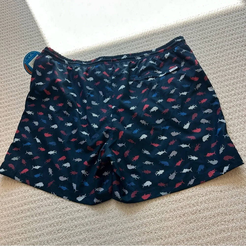 Columbia Navy Blue Red White Fish Print Swim Trunks